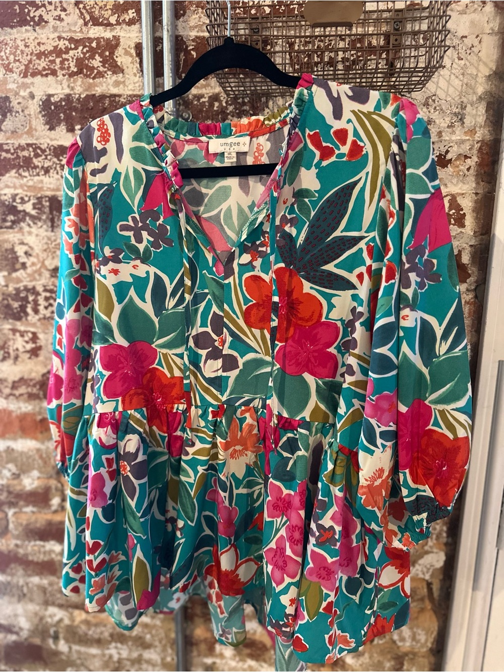 Umgee Teal Floral Tunic with Pink & Orange Blooms